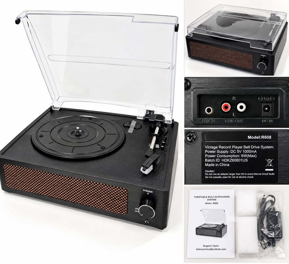 R608 Vintage Style Record Player Turntable Built-In Speakers Belt Drive
